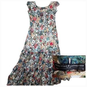 Peruvian Connection Pima Cotton Floral Tapestry Tiered Ruffle Maxi Dress size M